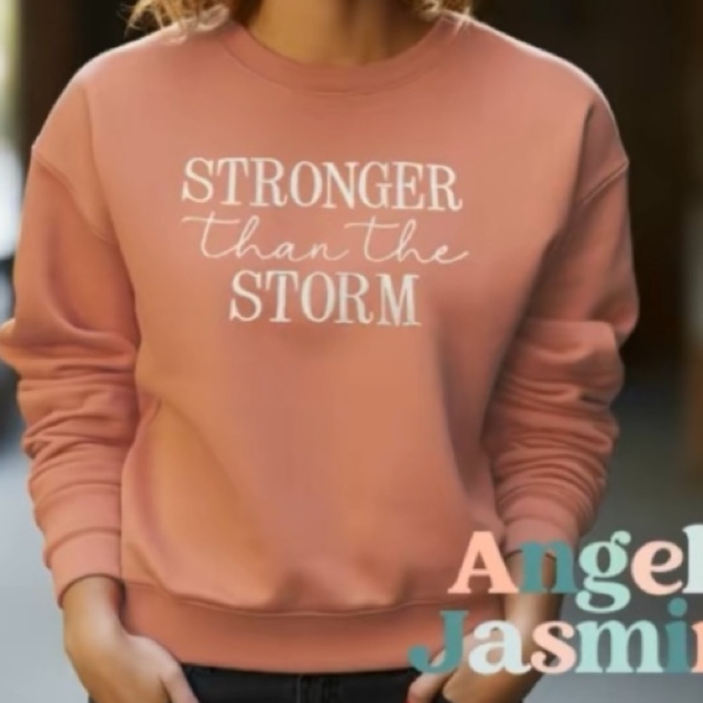 Womens Size L Stronger Than The Storm Embroidered Crewneck Sweatshirt Rose Pink